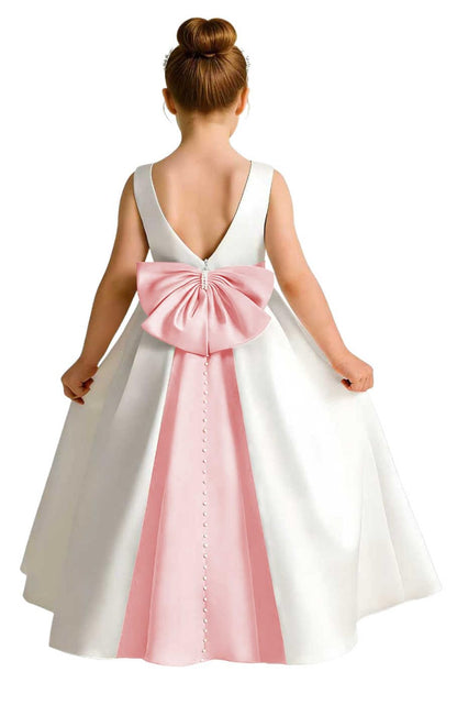 Sleeveless Satin Flower Girl Dress, A-Line Floor Length Gown with Big Bow & Pearl Back, Kids Wedding First Communion Dress