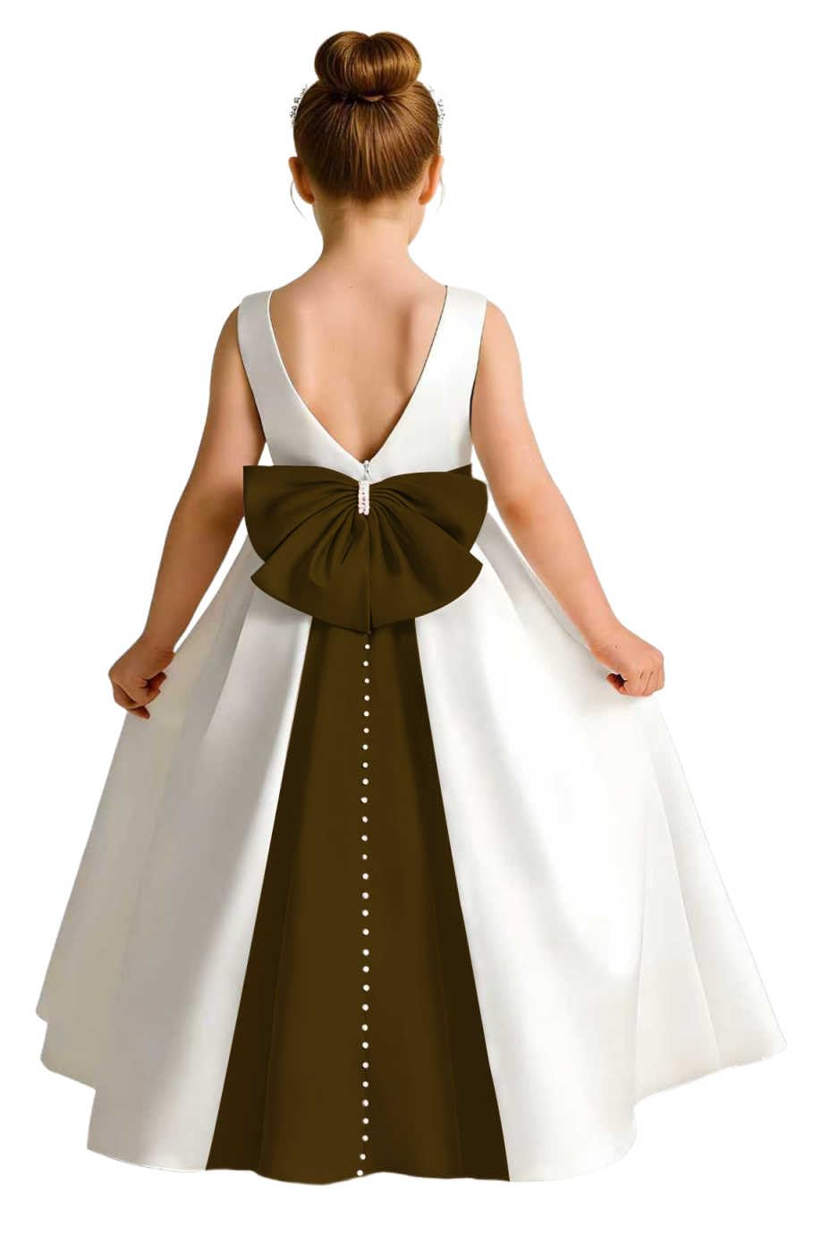 Sleeveless Satin Flower Girl Dress, A-Line Floor Length Gown with Big Bow & Pearl Back, Kids Wedding First Communion Dress