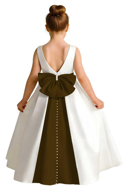 Sleeveless Satin Flower Girl Dress, A-Line Floor Length Gown with Big Bow & Pearl Back, Kids Wedding First Communion Dress