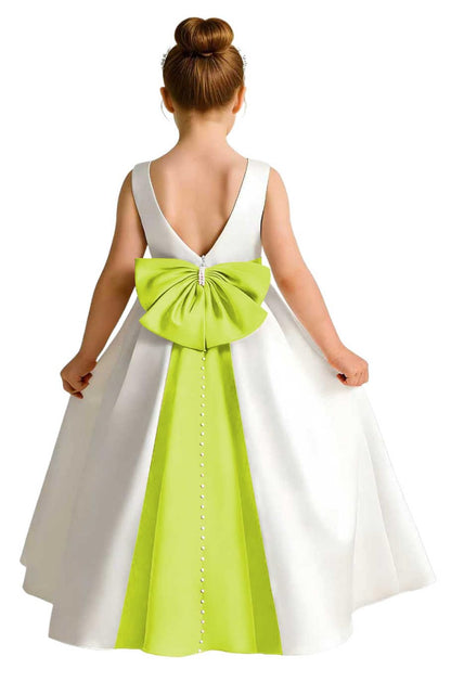 Sleeveless Satin Flower Girl Dress, A-Line Floor Length Gown with Big Bow & Pearl Back, Kids Wedding First Communion Dress