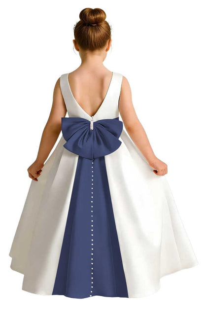Sleeveless Satin Flower Girl Dress, A-Line Floor Length Gown with Big Bow & Pearl Back, Kids Wedding First Communion Dress
