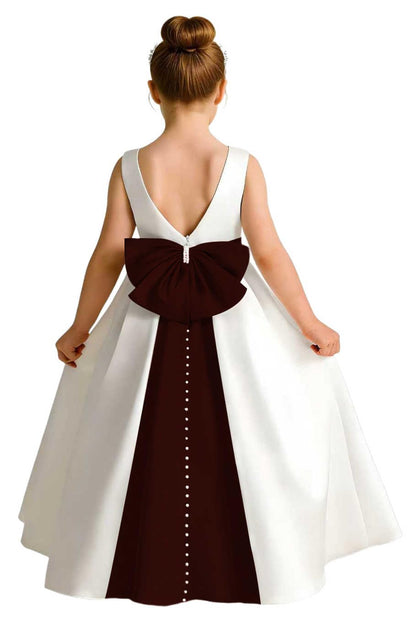 Sleeveless Satin Flower Girl Dress, A-Line Floor Length Gown with Big Bow & Pearl Back, Kids Wedding First Communion Dress