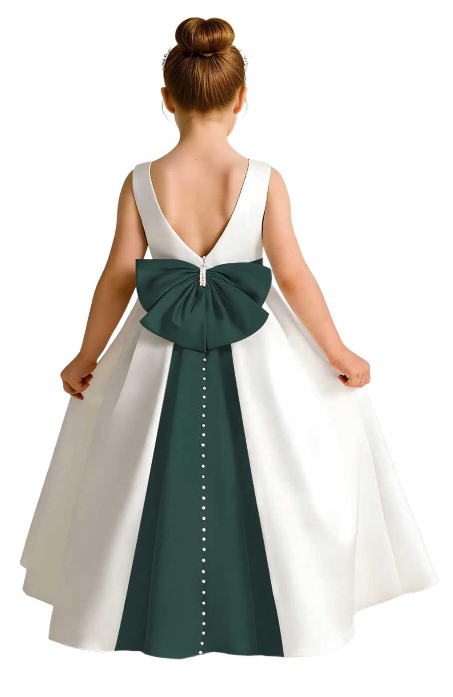 Sleeveless Satin Flower Girl Dress, A-Line Floor Length Gown with Big Bow & Pearl Back, Kids Wedding First Communion Dress