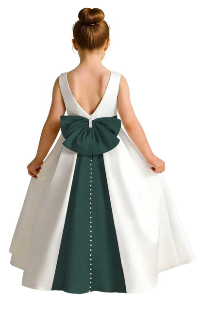 Sleeveless Satin Flower Girl Dress, A-Line Floor Length Gown with Big Bow & Pearl Back, Kids Wedding First Communion Dress