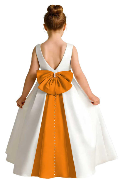 Sleeveless Satin Flower Girl Dress, A-Line Floor Length Gown with Big Bow & Pearl Back, Kids Wedding First Communion Dress
