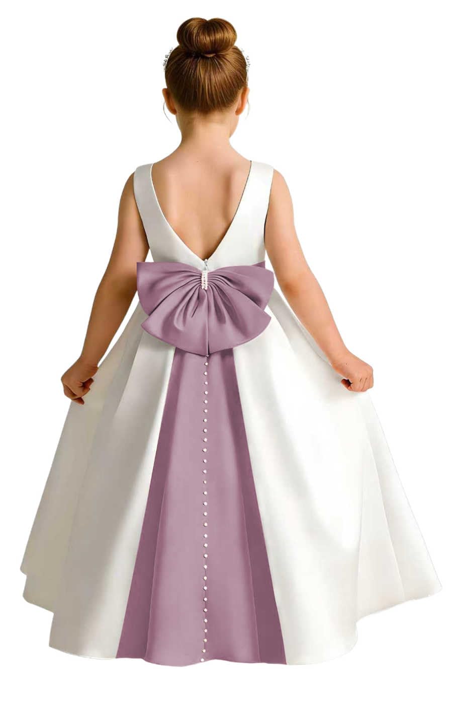 Sleeveless Satin Flower Girl Dress, A-Line Floor Length Gown with Big Bow & Pearl Back, Kids Wedding First Communion Dress