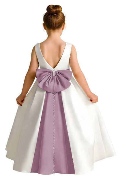 Sleeveless Satin Flower Girl Dress, A-Line Floor Length Gown with Big Bow & Pearl Back, Kids Wedding First Communion Dress