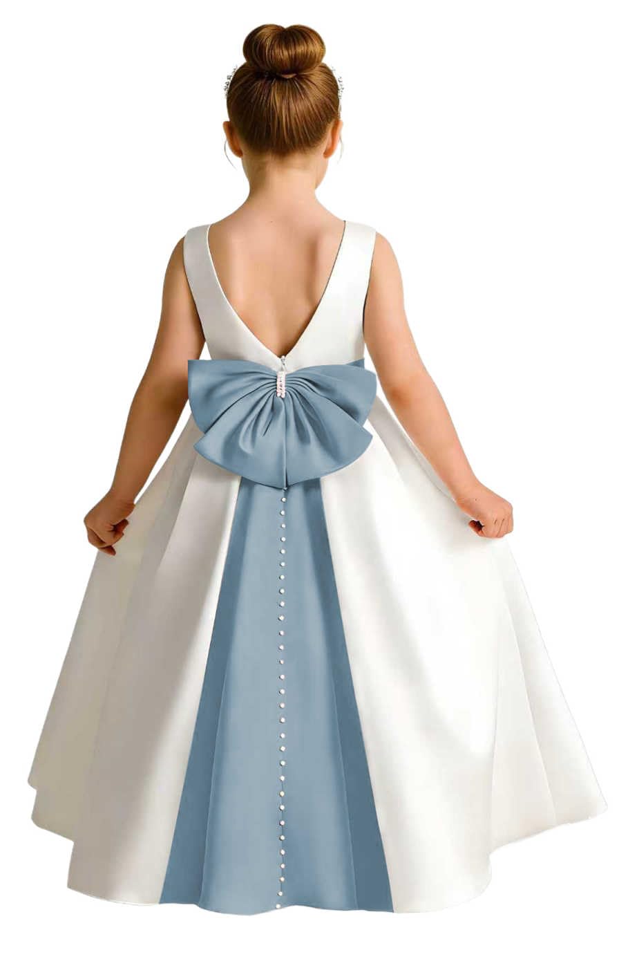 Sleeveless Satin Flower Girl Dress, A-Line Floor Length Gown with Big Bow & Pearl Back, Kids Wedding First Communion Dress