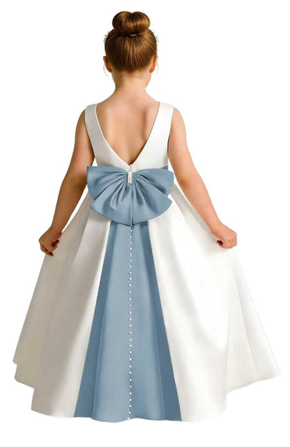 Sleeveless Satin Flower Girl Dress, A-Line Floor Length Gown with Big Bow & Pearl Back, Kids Wedding First Communion Dress