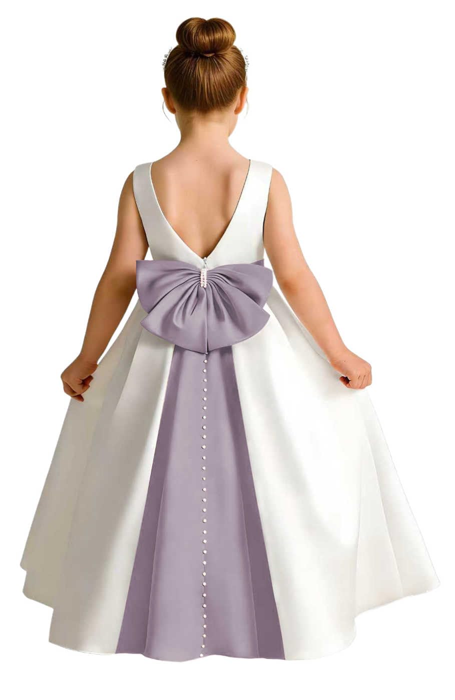 Sleeveless Satin Flower Girl Dress, A-Line Floor Length Gown with Big Bow & Pearl Back, Kids Wedding First Communion Dress