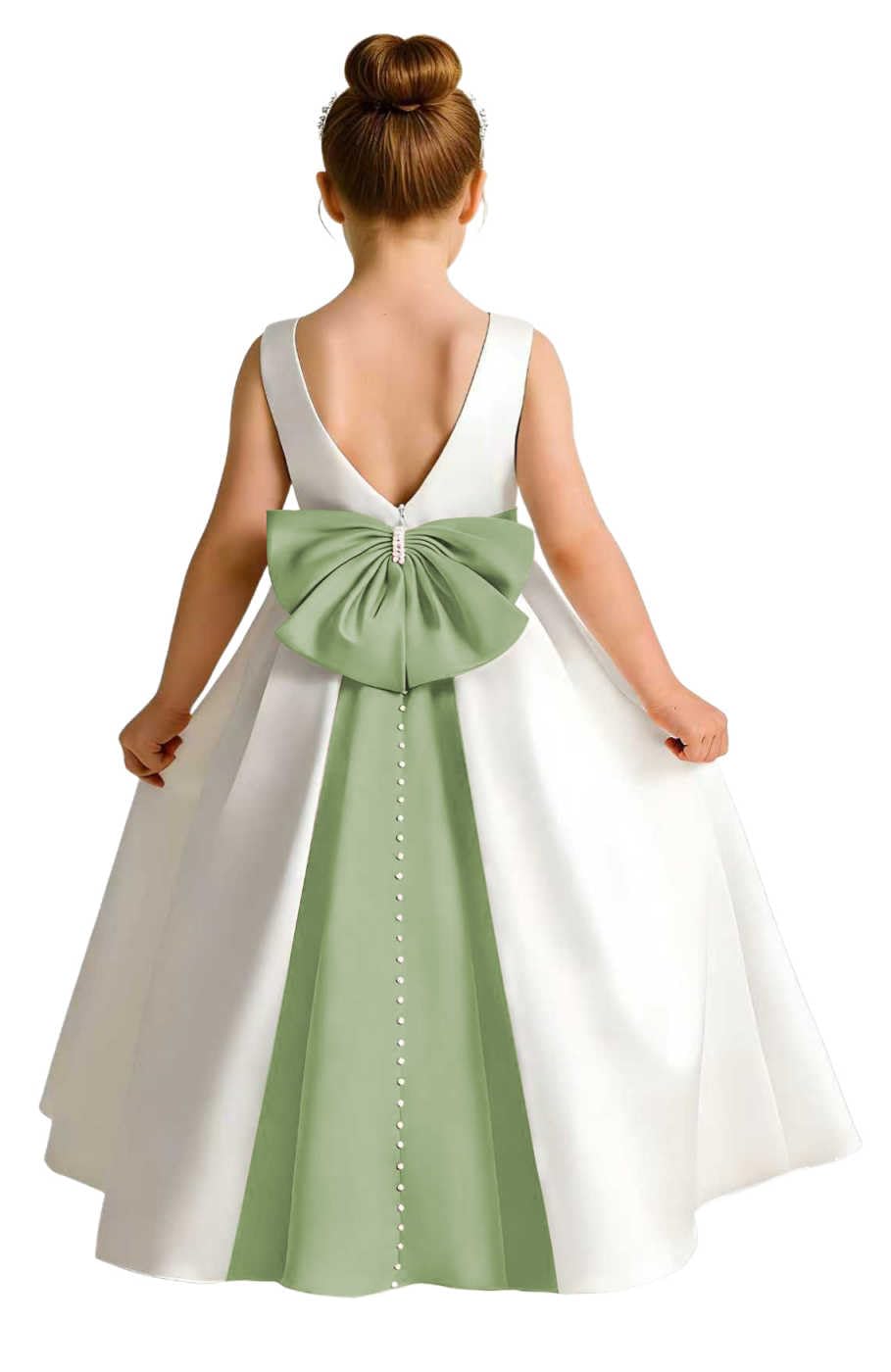 Sleeveless Satin Flower Girl Dress, A-Line Floor Length Gown with Big Bow & Pearl Back, Kids Wedding First Communion Dress