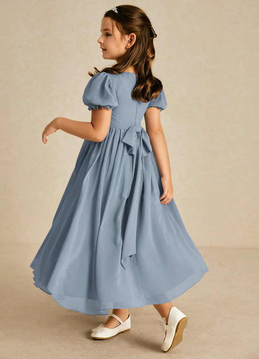 Dusty Blue Chiffon Flower Girl Dress, Square Neck Puff Short Sleeve Midi Princess Gown, Empire Waist Formal Wedding Birthday Dress for Little Girls