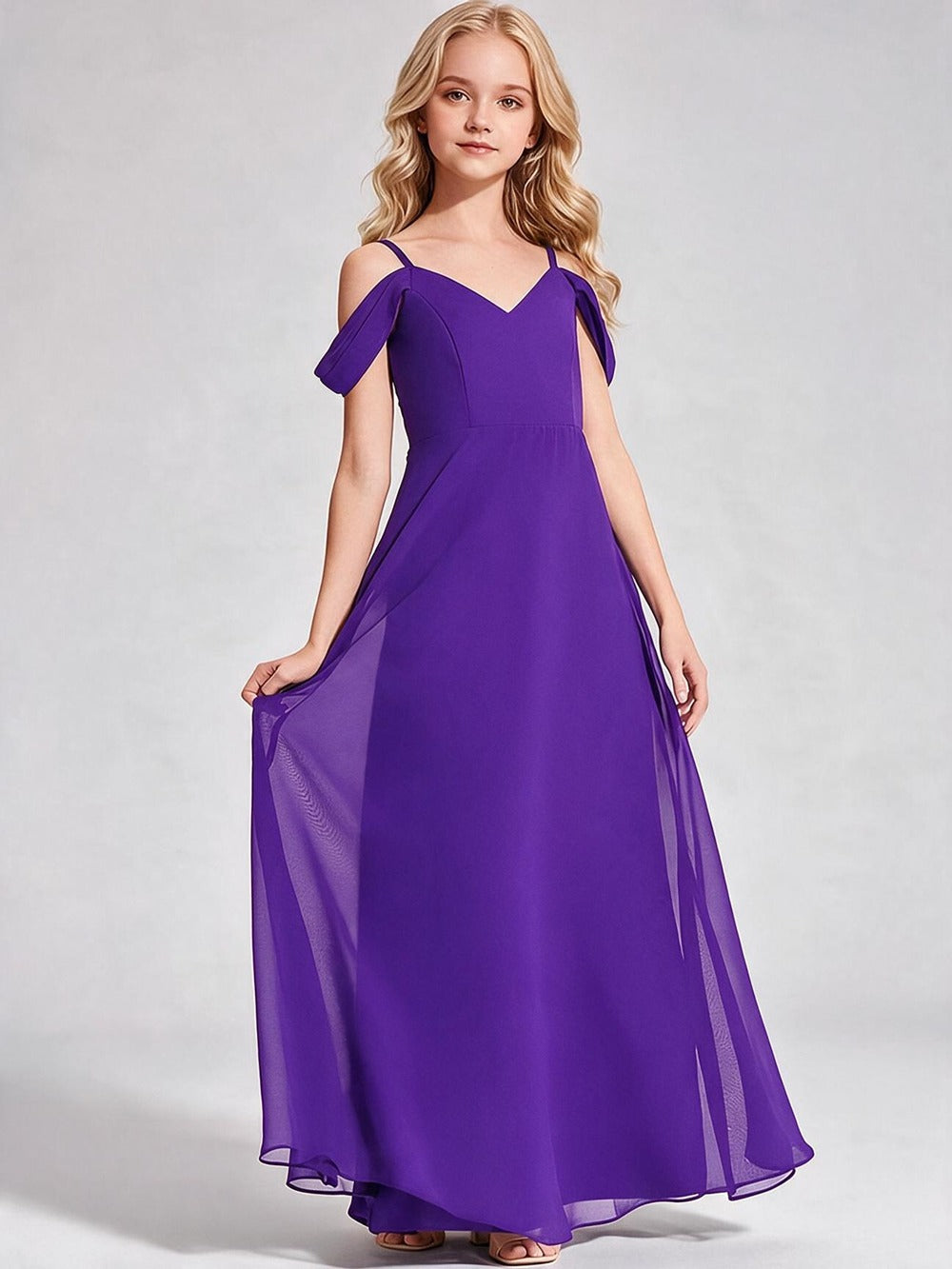 Chiffon Off Shoulder with Spaghetti Strap V-Neck Floor Length Flower Girl Dress