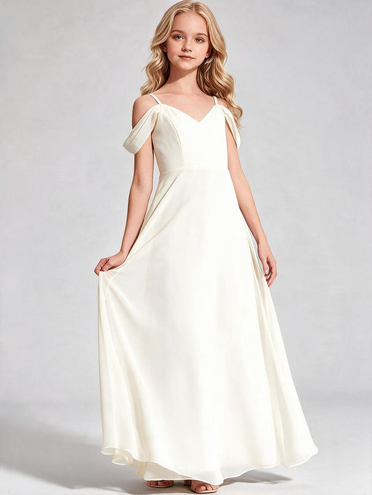 Chiffon Off Shoulder with Spaghetti Strap V-Neck Floor Length Flower Girl Dress