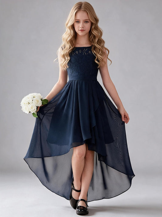 Chiffon Sleeveless Lace Kids Dress with Adjustable Sash, High Low Hem Flower Girl Gown