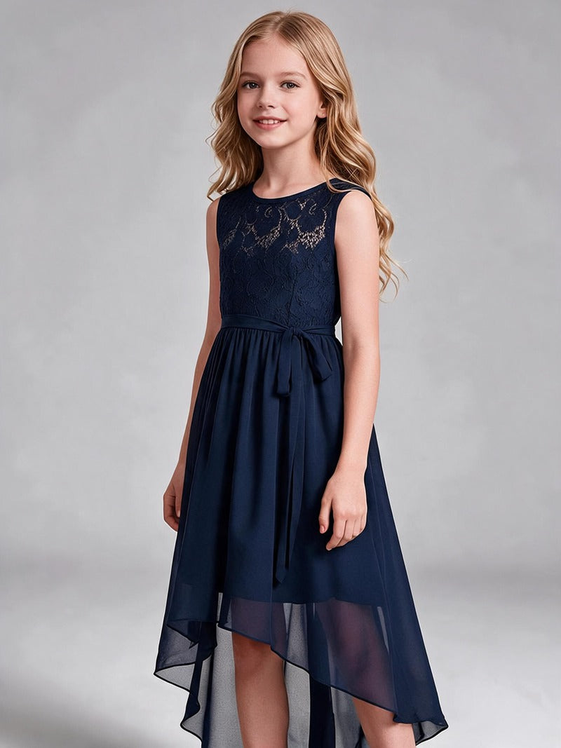 Chiffon Sleeveless Lace Kids Dress with Adjustable Sash, High Low Hem Flower Girl Gown