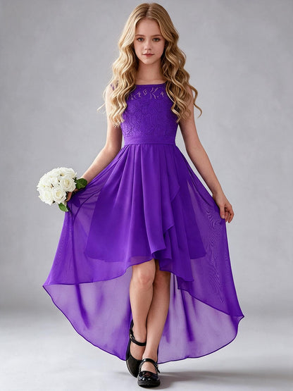 Chiffon Sleeveless Lace Kids Dress with Adjustable Sash, High Low Hem Flower Girl Gown