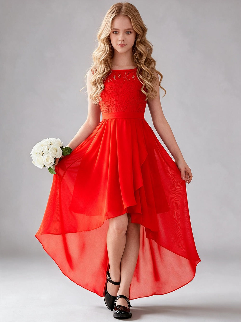 Chiffon Sleeveless Lace Kids Dress with Adjustable Sash, High Low Hem Flower Girl Gown