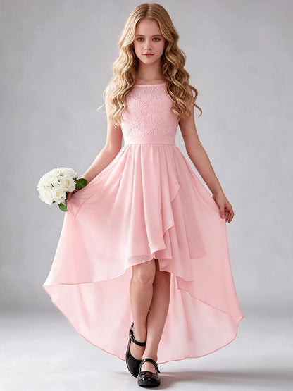 Chiffon Sleeveless Lace Kids Dress with Adjustable Sash, High Low Hem Flower Girl Gown