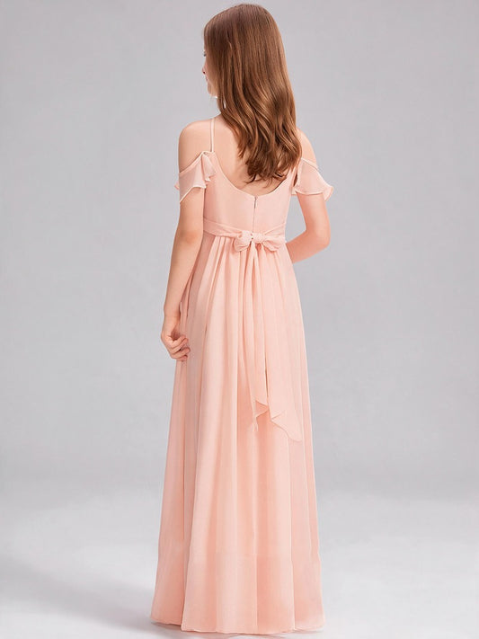 Junior Bridesmaid Dress Blush Chiffon Halter Off Shoulder Long Flower Girl Dress with Bow Back