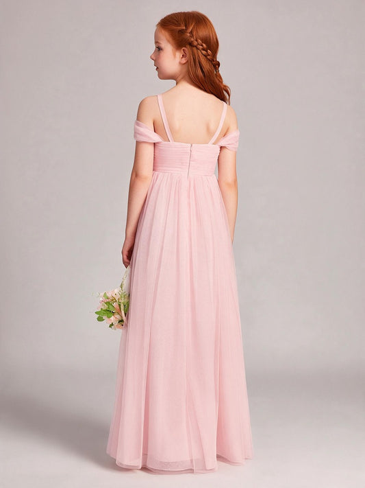 One-shoulder strapless top with a dropped shoulder sleeve, featuring a gathered upper part, and a tulle girls' flower child dress