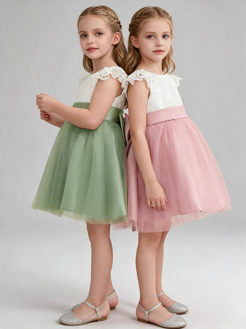 Lace Cap Sleeve Short Tulle Flower Girl Dress with Sash Bow, Kids Formal Party Gown