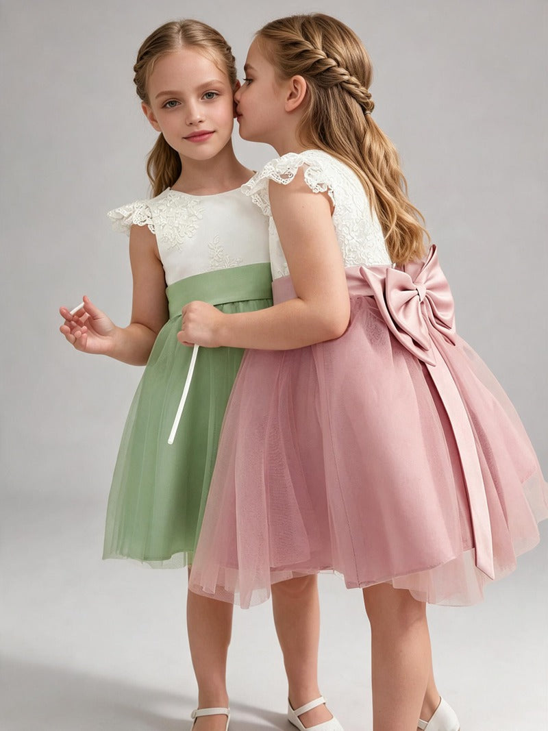 Lace Cap Sleeve Short Tulle Flower Girl Dress with Sash Bow, Kids Formal Party Gown