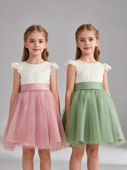 Lace Cap Sleeve Short Tulle Flower Girl Dress with Sash Bow, Kids Formal Party Gown
