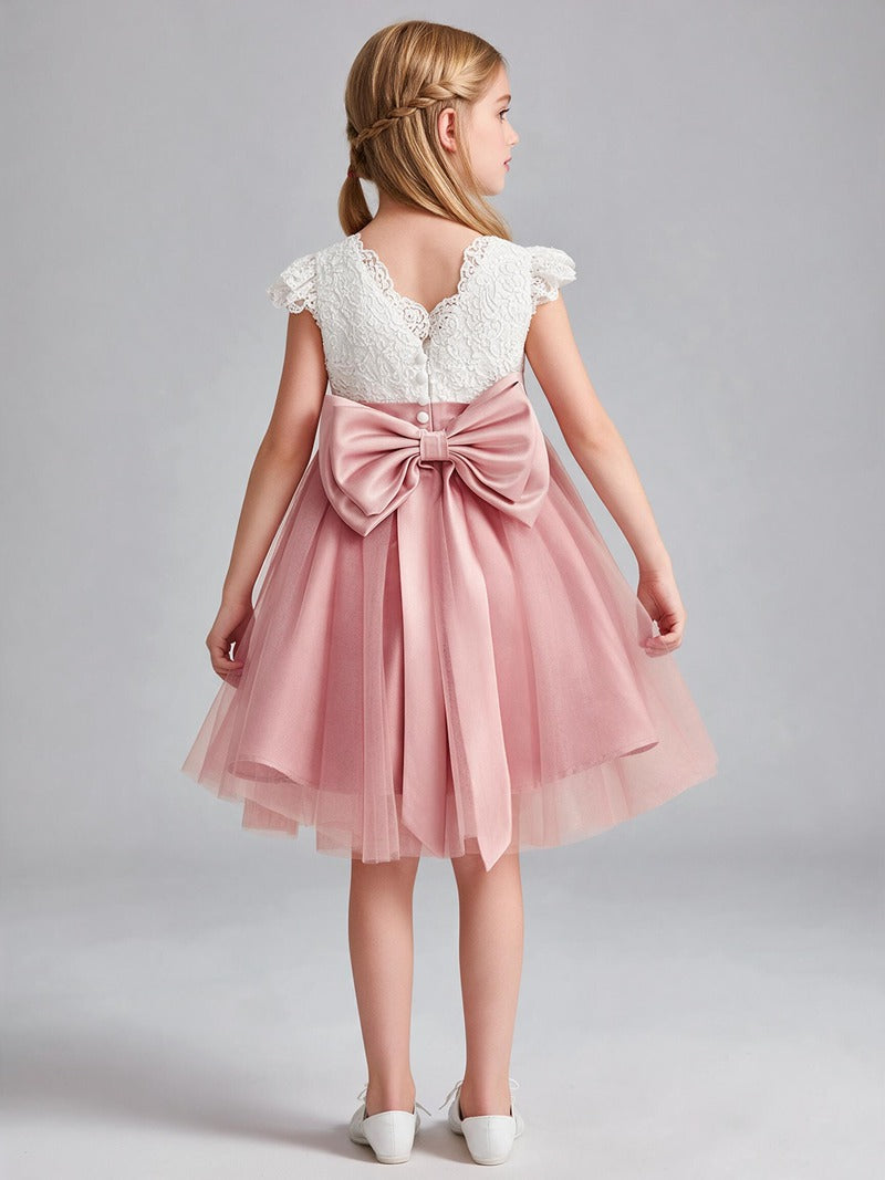 Lace Cap Sleeve Short Tulle Flower Girl Dress with Sash Bow, Kids Formal Party Gown