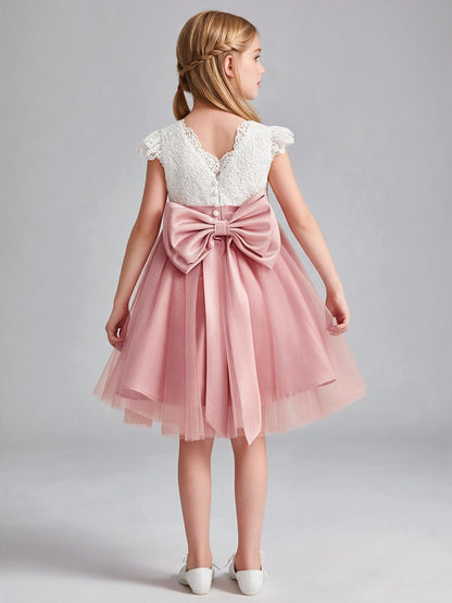 Lace Cap Sleeve Short Tulle Flower Girl Dress with Sash Bow, Kids Formal Party Gown
