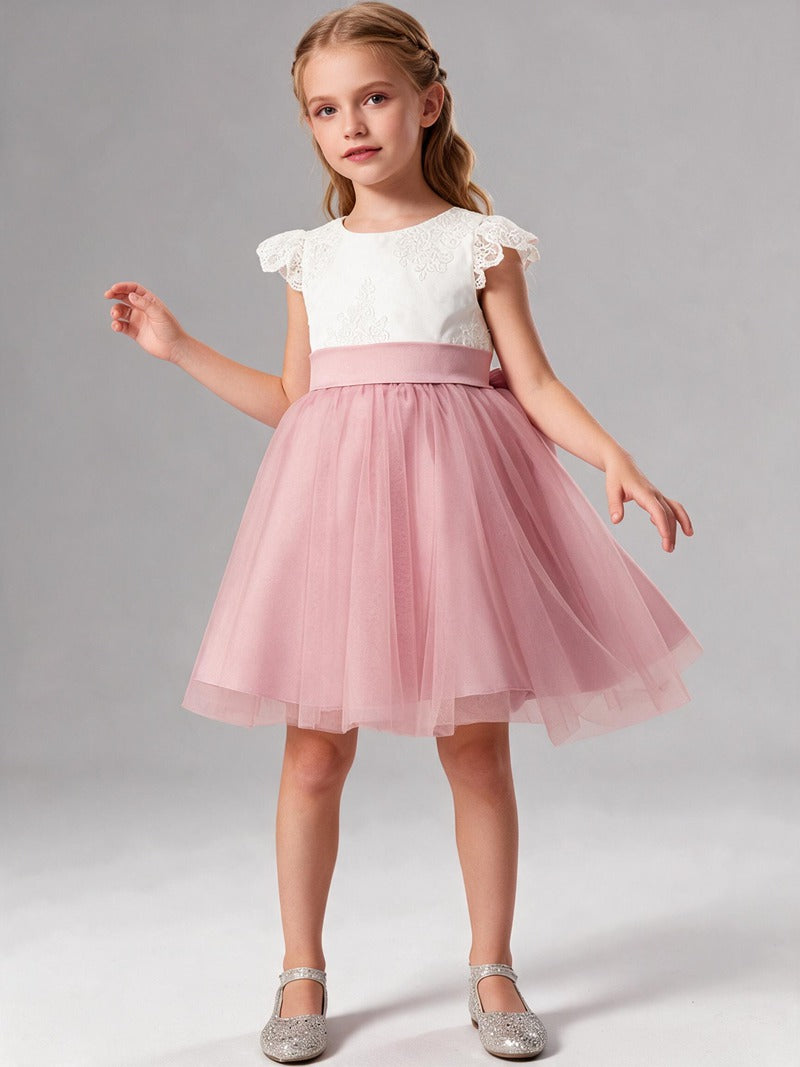 Lace Cap Sleeve Short Tulle Flower Girl Dress with Sash Bow, Kids Formal Party Gown