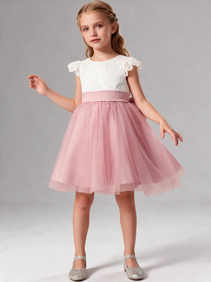 Lace Cap Sleeve Short Tulle Flower Girl Dress with Sash Bow, Kids Formal Party Gown