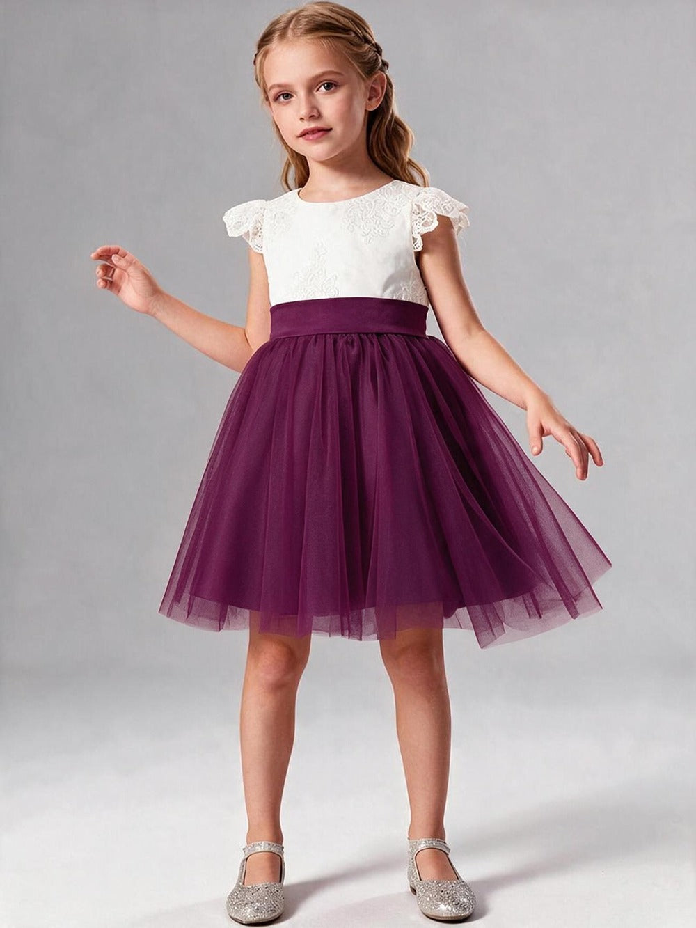 Lace Cap Sleeve Short Tulle Flower Girl Dress with Sash Bow, Kids Formal Party Gown