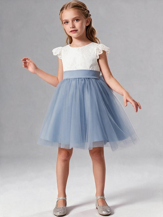 Lace Cap Sleeve Short Tulle Flower Girl Dress with Sash Bow, Kids Formal Party Gown
