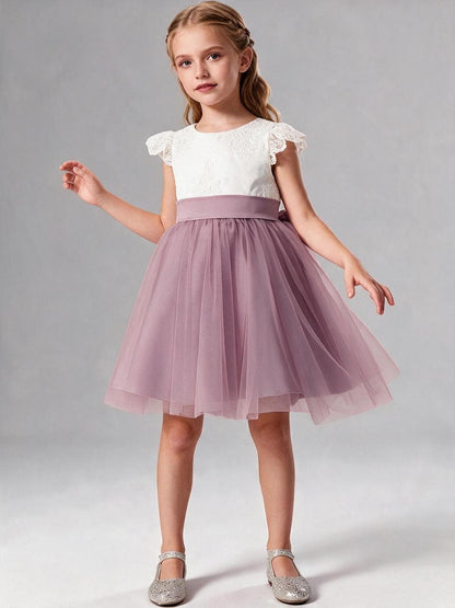 Lace Cap Sleeve Short Tulle Flower Girl Dress with Sash Bow, Kids Formal Party Gown