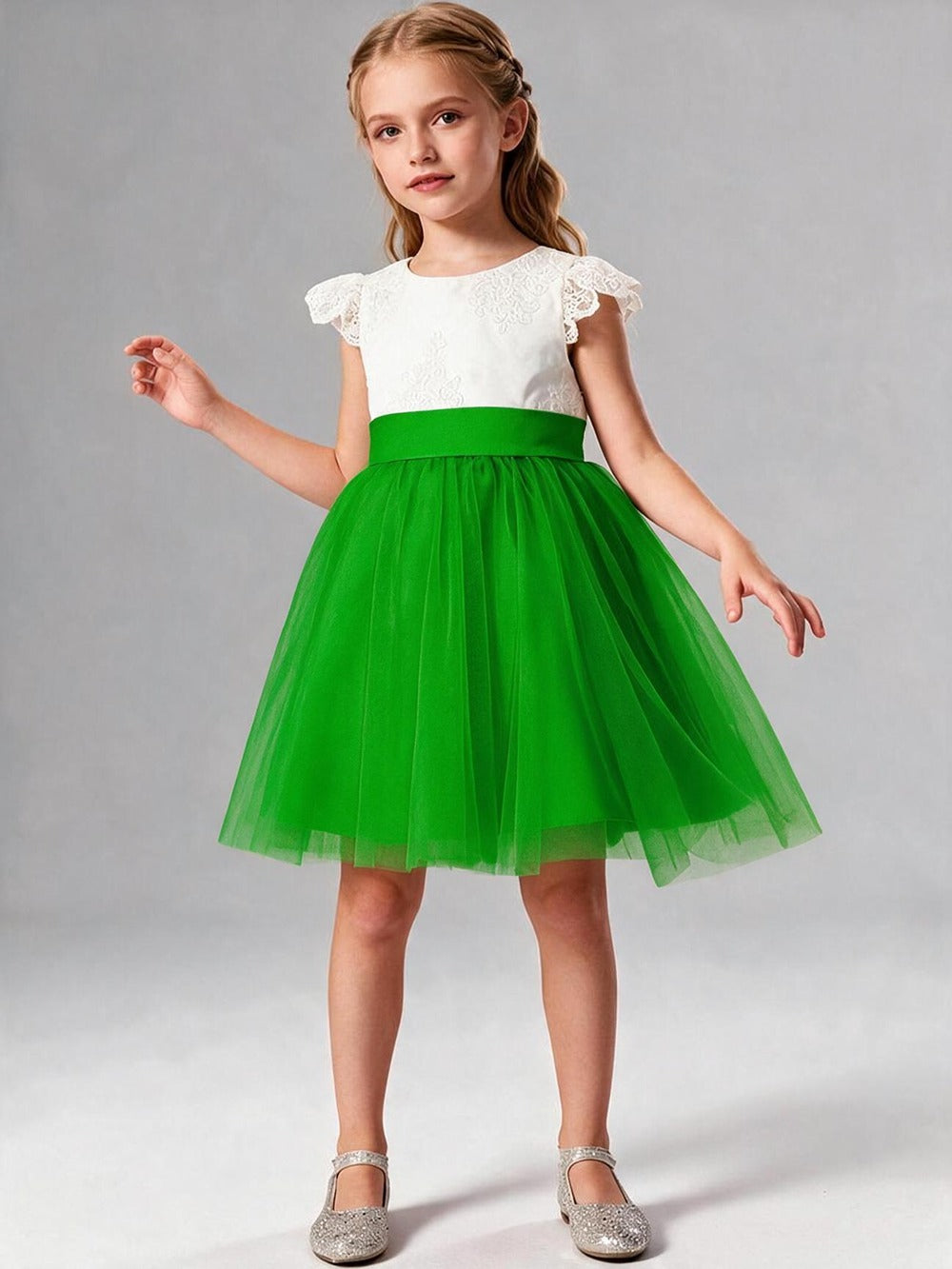 Lace Cap Sleeve Short Tulle Flower Girl Dress with Sash Bow, Kids Formal Party Gown