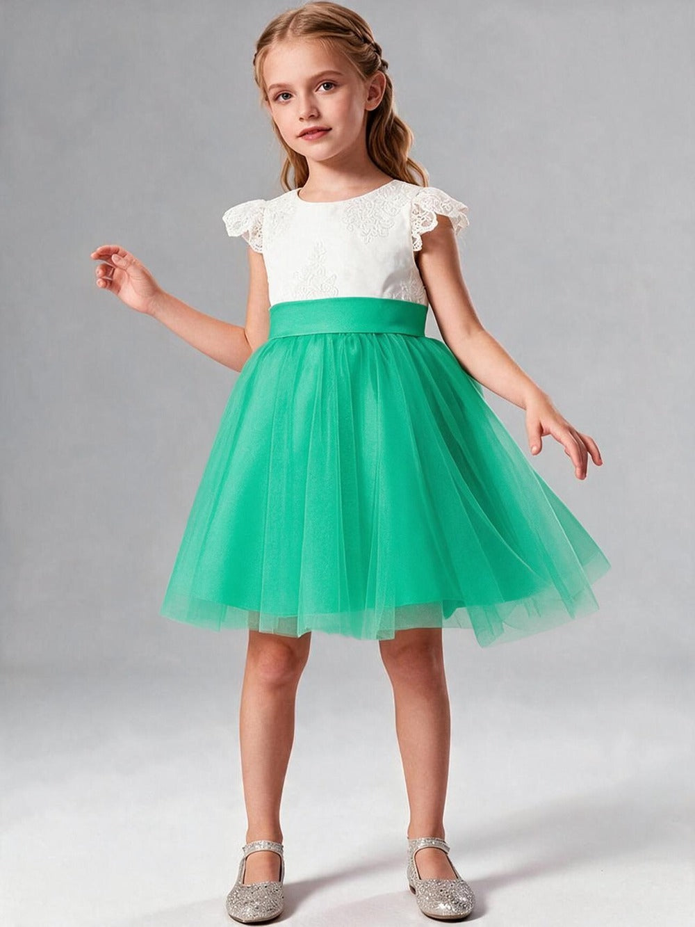 Lace Cap Sleeve Short Tulle Flower Girl Dress with Sash Bow, Kids Formal Party Gown