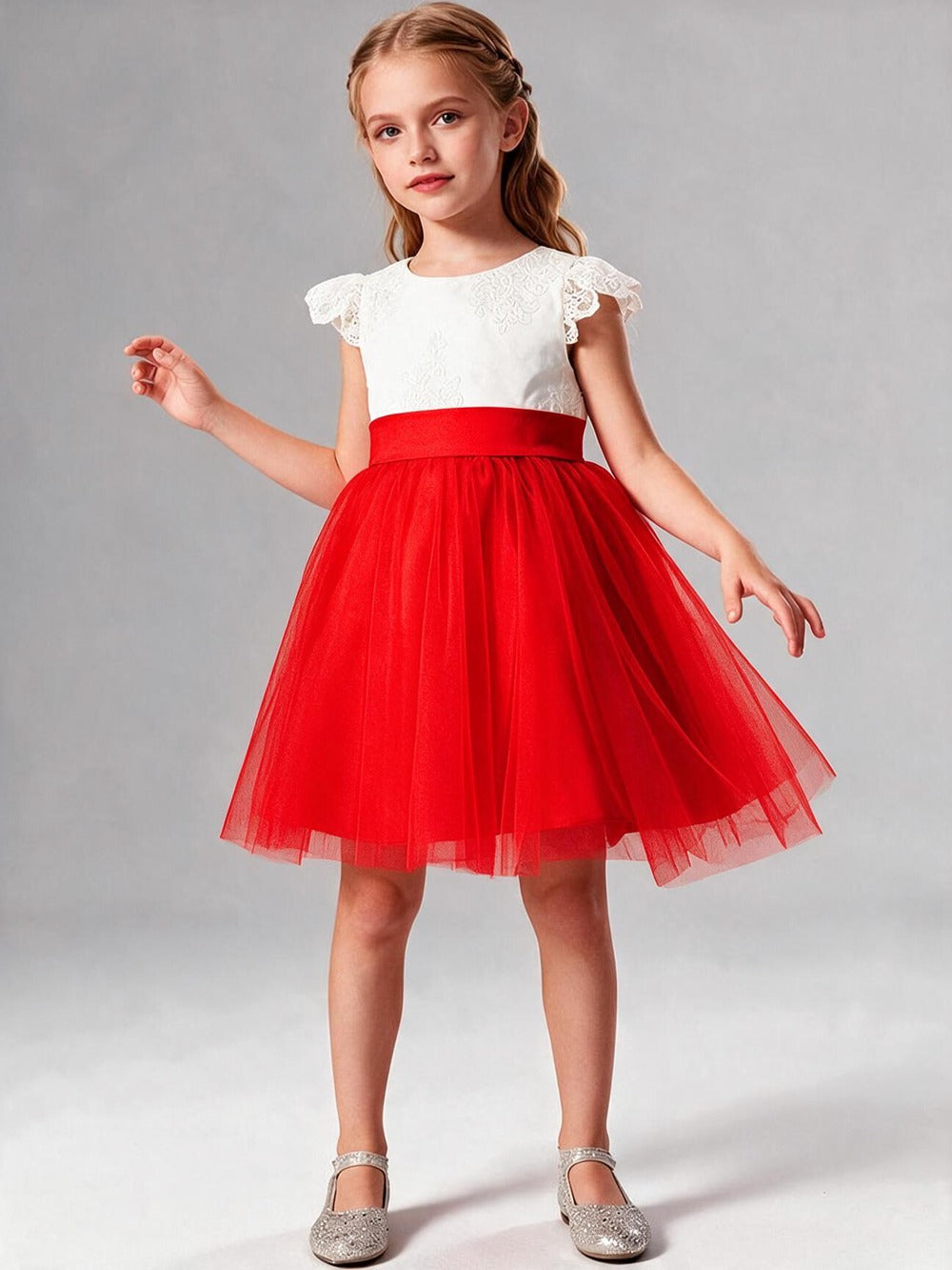 Lace Cap Sleeve Short Tulle Flower Girl Dress with Sash Bow, Kids Formal Party Gown