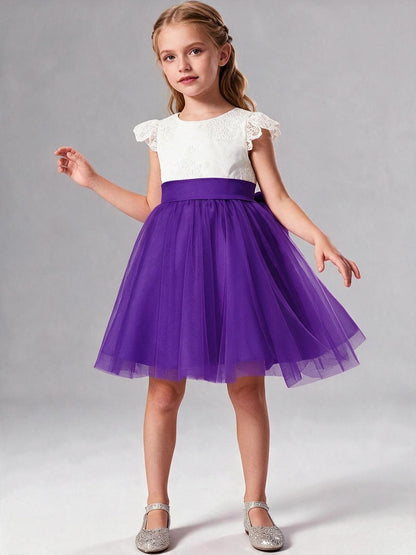 Lace Cap Sleeve Short Tulle Flower Girl Dress with Sash Bow, Kids Formal Party Gown