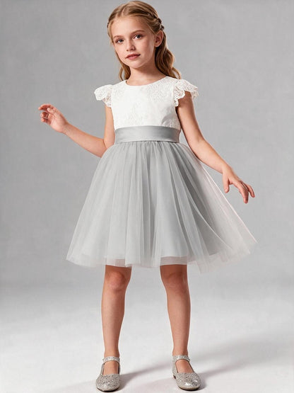 Lace Cap Sleeve Short Tulle Flower Girl Dress with Sash Bow, Kids Formal Party Gown