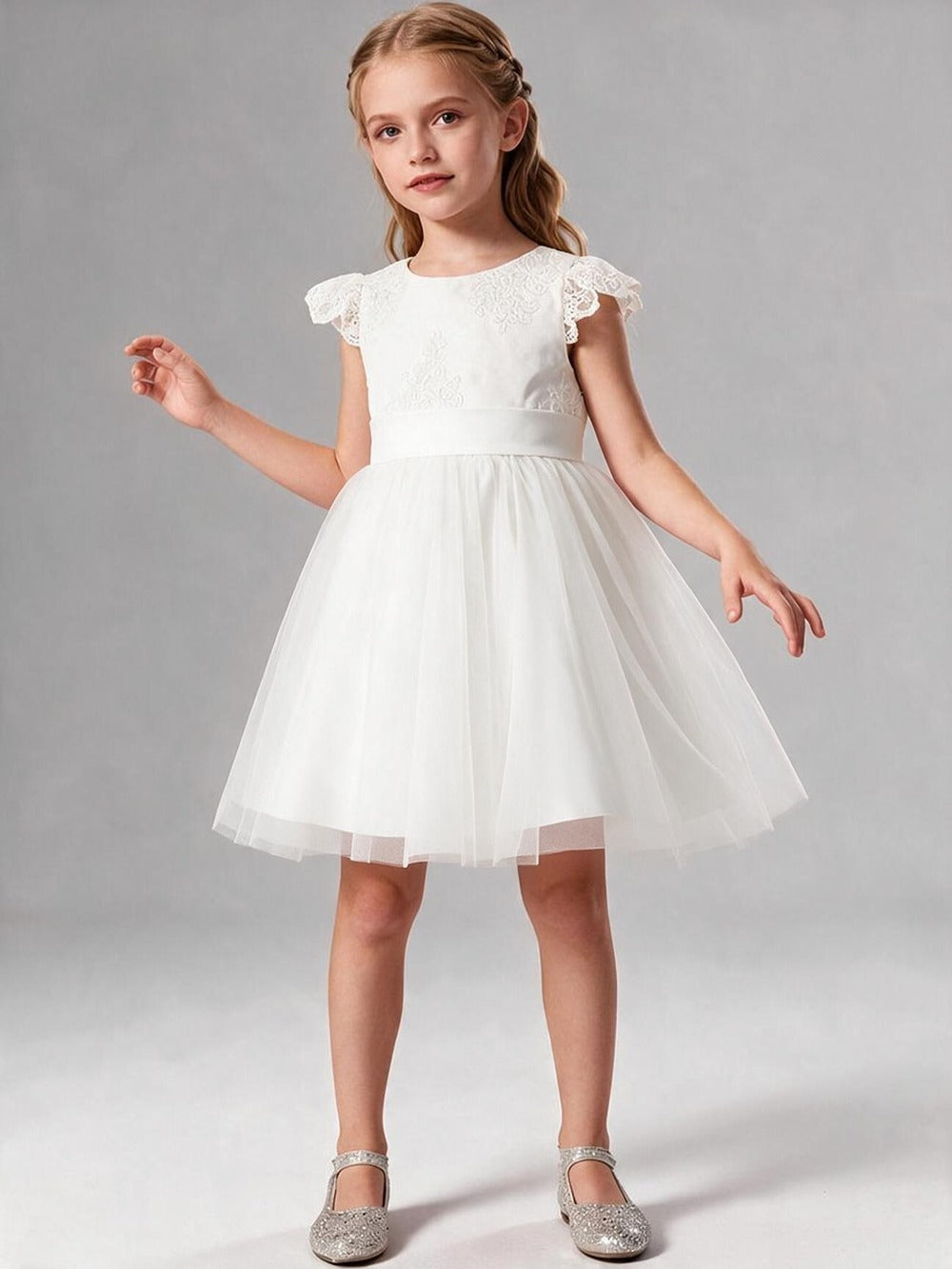 Lace Cap Sleeve Short Tulle Flower Girl Dress with Sash Bow, Kids Formal Party Gown