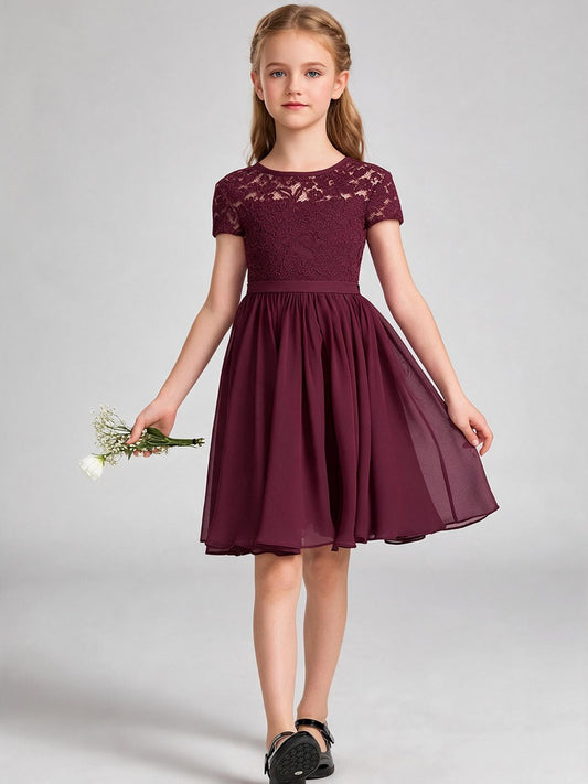 Burgundy Lace Chiffon Flower Girl Dress Short Sleeve Keyhole Back Knee Length Kids Formal Gown