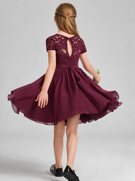Burgundy Lace Chiffon Flower Girl Dress Short Sleeve Keyhole Back Knee Length Kids Formal Gown