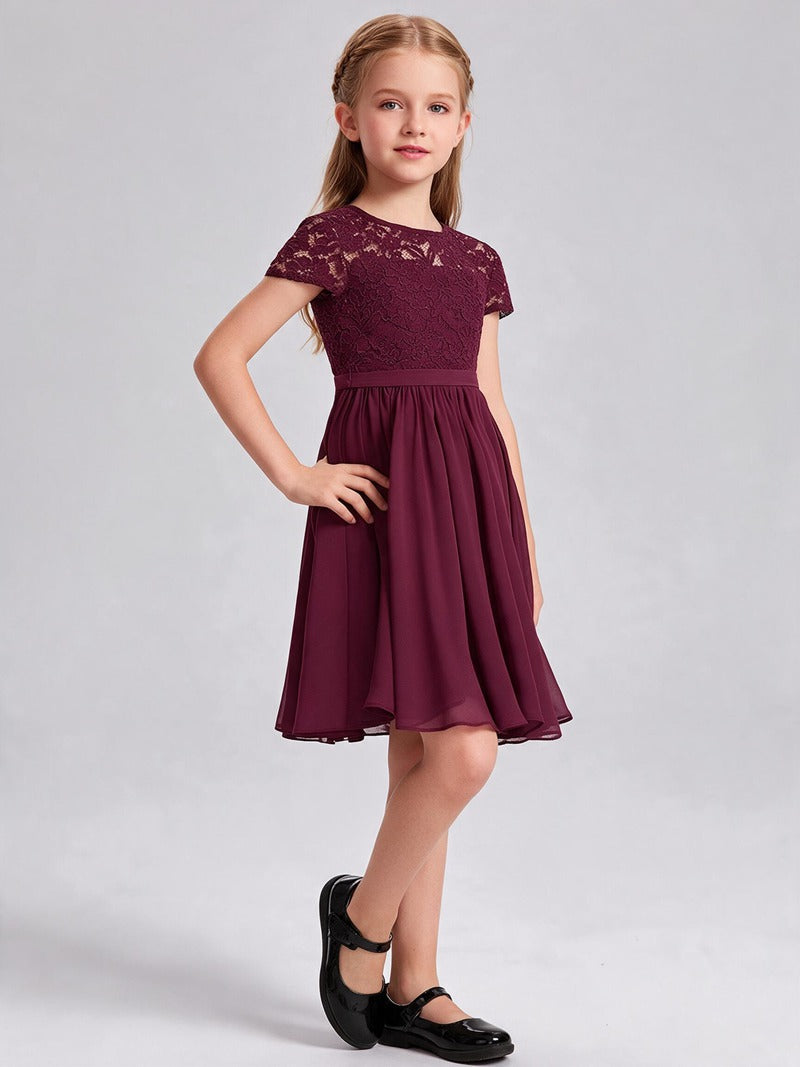 Burgundy Lace Chiffon Flower Girl Dress Short Sleeve Keyhole Back Knee Length Kids Formal Gown