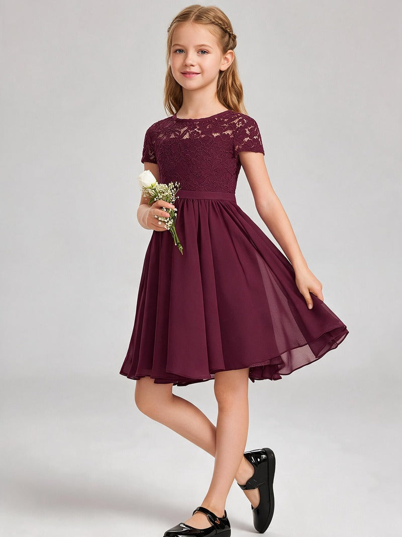 Burgundy Lace Chiffon Flower Girl Dress Short Sleeve Keyhole Back Knee Length Kids Formal Gown