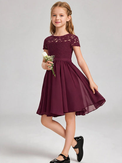 Burgundy Lace Chiffon Flower Girl Dress Short Sleeve Keyhole Back Knee Length Kids Formal Gown