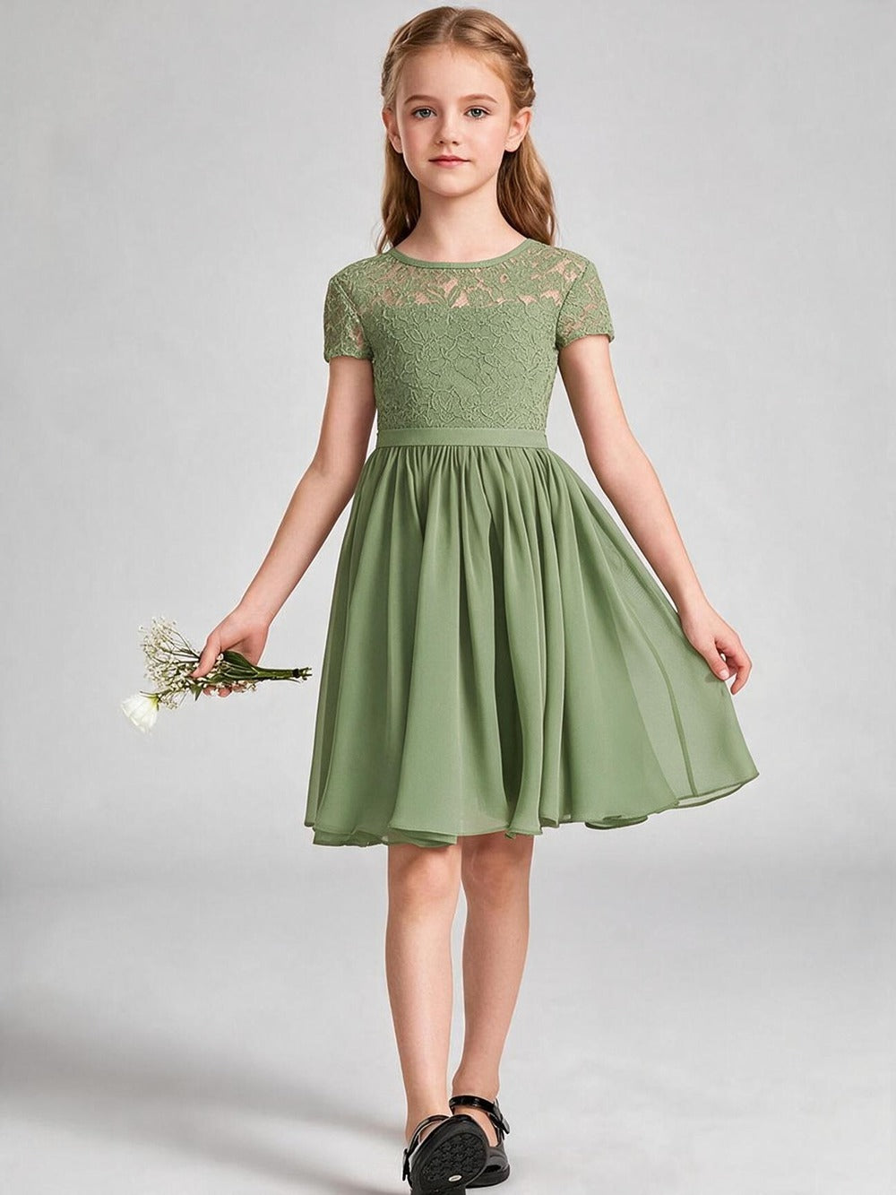 Burgundy Lace Chiffon Flower Girl Dress Short Sleeve Keyhole Back Knee Length Kids Formal Gown