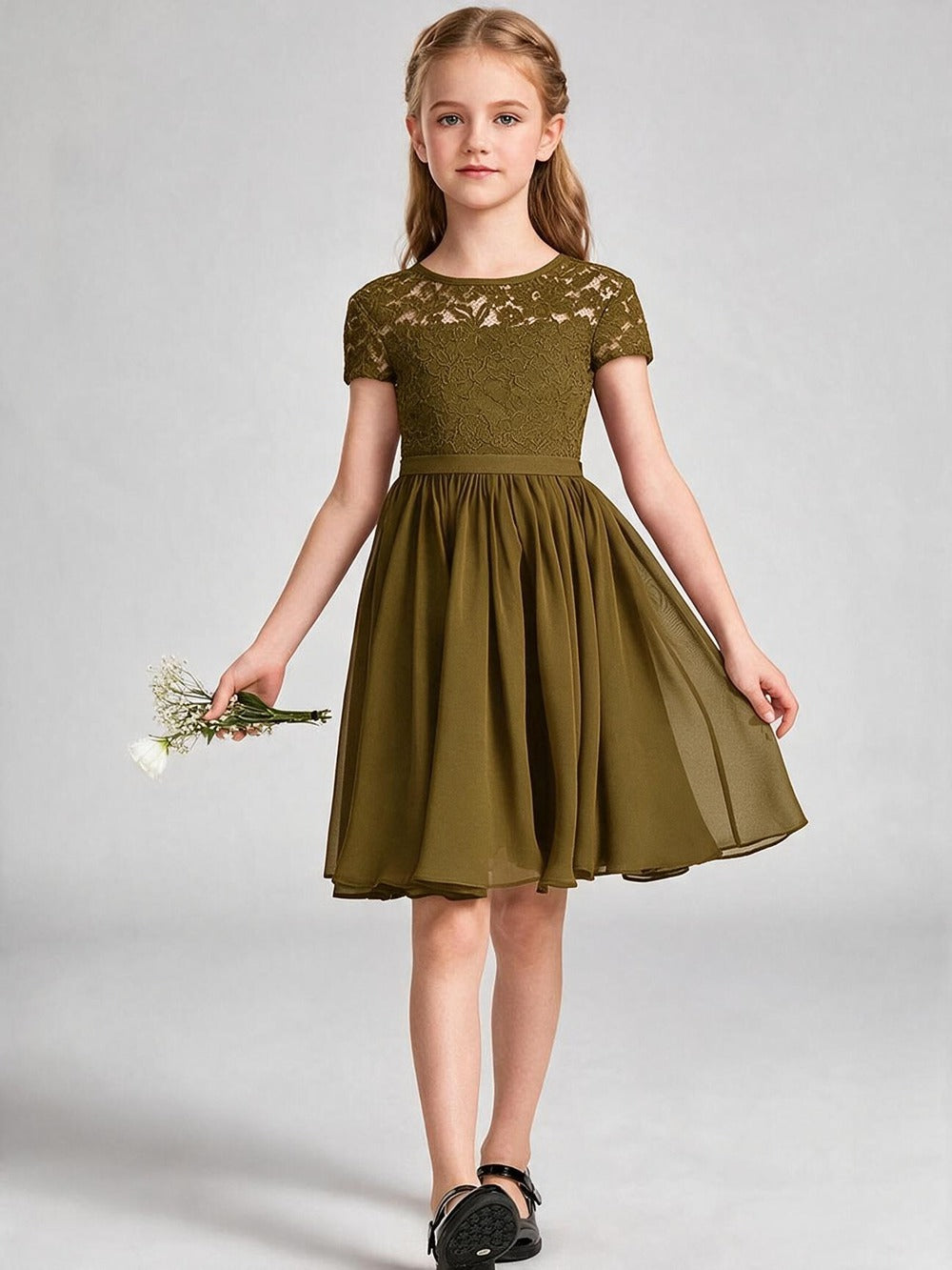 Burgundy Lace Chiffon Flower Girl Dress Short Sleeve Keyhole Back Knee Length Kids Formal Gown