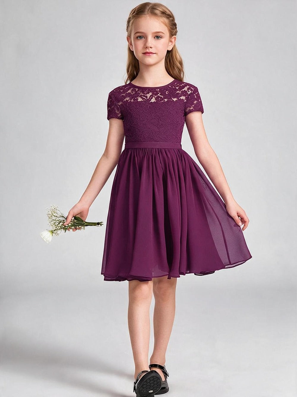 Burgundy Lace Chiffon Flower Girl Dress Short Sleeve Keyhole Back Knee Length Kids Formal Gown