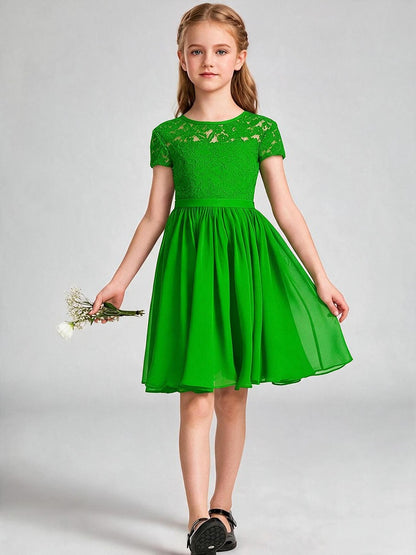 Burgundy Lace Chiffon Flower Girl Dress Short Sleeve Keyhole Back Knee Length Kids Formal Gown